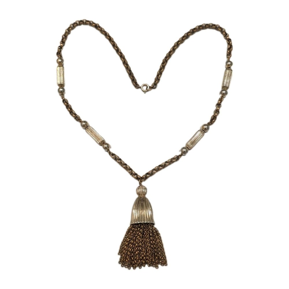 Vintage Crown Trifari Gold Tone Tassel Station Pendant Necklace 1950s Sautoir